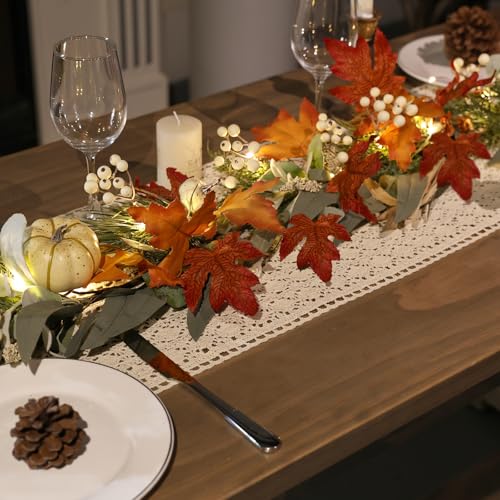 6FT Lighted Fall Maple Leaf Garland with Timer & Pumpkins for Mantel Decor