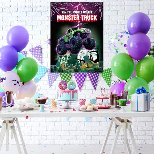 Monster Truck Pin the Wheel Birthday Party Game Set with Poster & Stickers