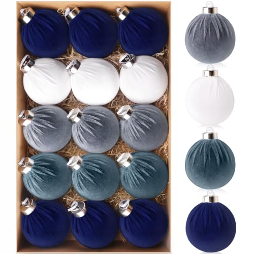 EverMerry 15 PCS Velvet Christmas Ornaments Set - Blue & White, 3.14'' Holiday Decorations for Tree, Wreath, Garland