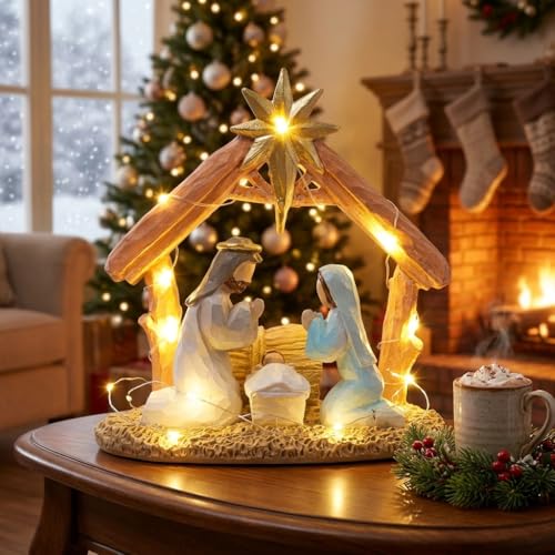 Lighted Nativity Scene Set, Hand-Painted Christmas Manger Figurine Display