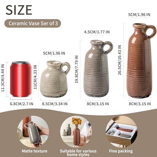 Rustic Ceramic Vases Set of 3 - Brown Boho Farmhouse Decorative Vases