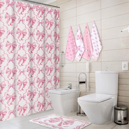 18-Piece Pink Bow Shower Curtain Set with Rug, Towels, and Decorative Hooks