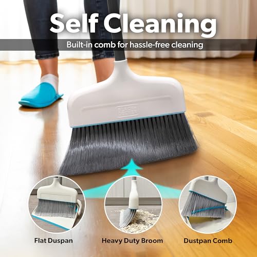 Stand-Up Broom and Dustpan Combo Set with Self-Cleaning Teeth, Space-Saving