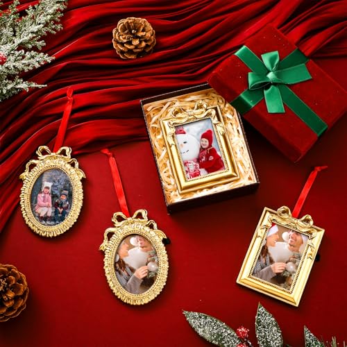 Leinuosen 8 Pcs Mini Vintage Picture Frames Set - Gold Bow Ornament Frames, Rect & Oval, for Christmas Tree (Gold/Rectangular + Oval1)