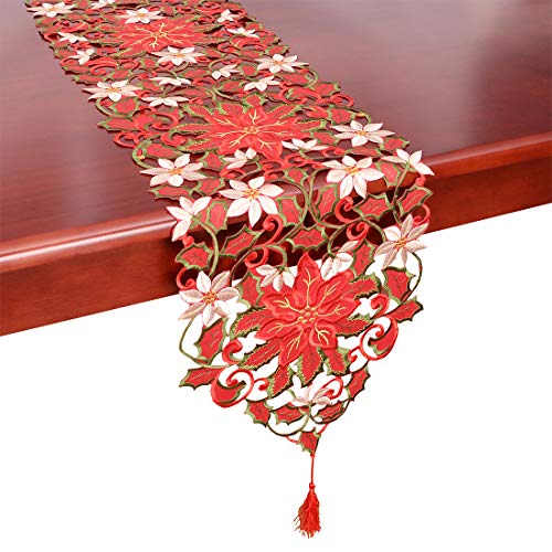 Simhomsen 13x120 Inch Embroidered Christmas Poinsettia Table Runner with Removable Tassels