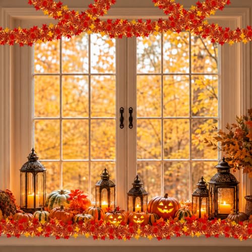 50ft Fall Maple Leaves Tinsel Garland, Metallic Twist Autumn Harvest Decor