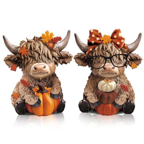 2 Pcs Highland Cow Figurines, Rustic Resin Autumn Tabletop Decor