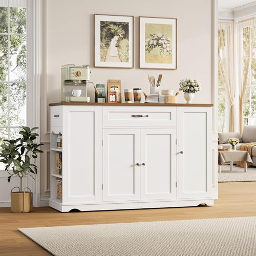 47-Inch Rolling Kitchen Island Cart with Storage Drawers & Shelves - White