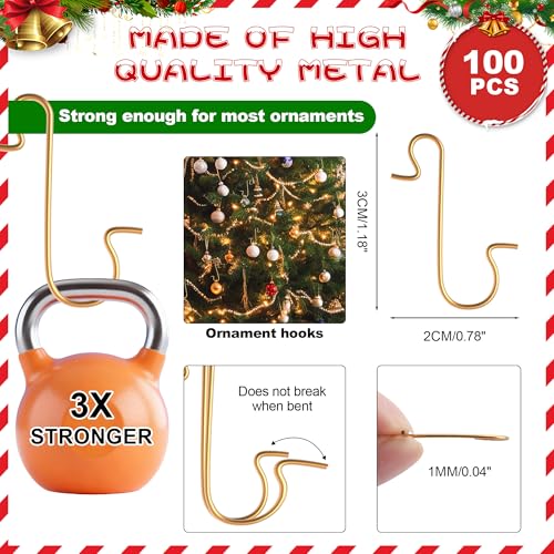 100 Pcs Christmas Ornament Hooks - Metal S-Hook Hangers for Tree Decor, Gold
