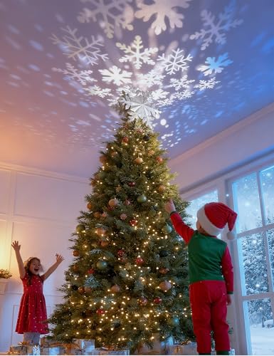 Silver Christmas Tree Topper with Built-in Rotating Snowflake LED Projector