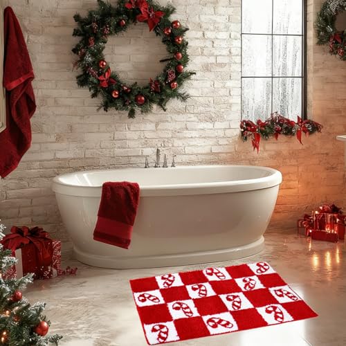 Christmas Rug Bath Mat with Candy Cane Checkered Design, Non-Slip 19.7 x 31.5 Inches