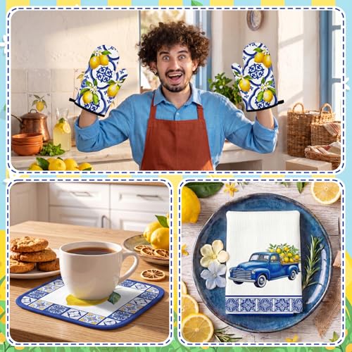 10-Piece Lemon Kitchen Decor Set: Towels, Oven Mitts, and Floor Mats