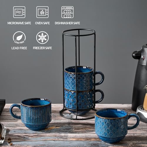 JH JIEMEI HOME Blue 15oz Ceramic Coffee Mug Set of 4 with Stand - Embossed, Stackable, Microwave & Dishwasher Safe