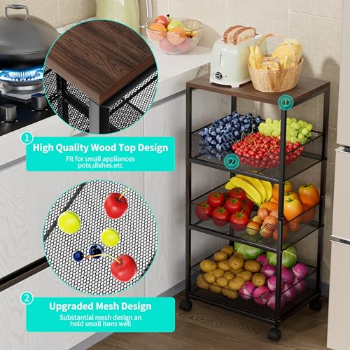 HapiRm Black 4-Tier Rolling Fruit & Vegetable Storage Cart with Wooden Top