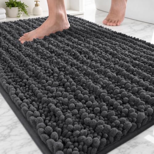 ILANGO Dark Grey Chenille Bathroom Rug 32x20 - Extra Soft Absorbent & Non-Slip