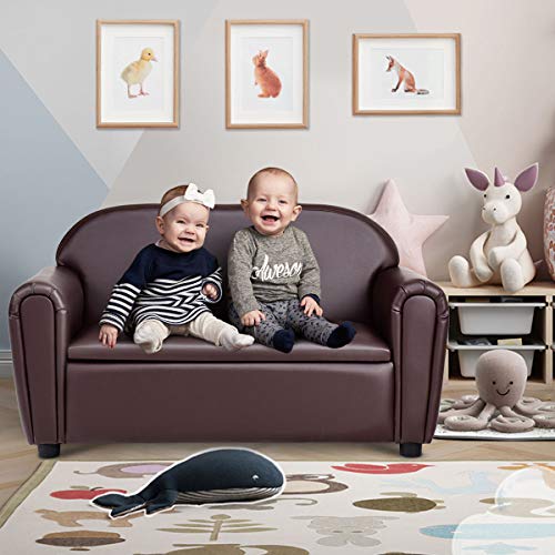 2-in-1 Kids Sofa with Storage, PU Leather Toddler Double Seat Chair