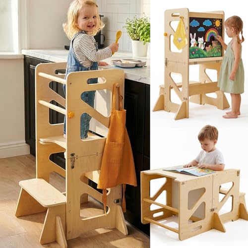 4-in-1 Foldable Toddler Learning Tower, Anti-Tip Kitchen Helper Stool