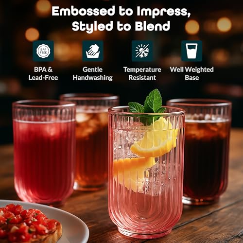 Glaver's Pink 17oz Vintage Glassware Set of 4 Art Deco Ribbed Drinking Tumblers