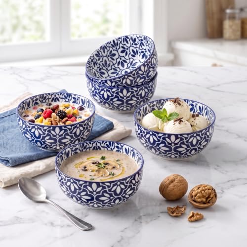 JINGUS Lattice 28 oz Cereal Bowls Set of 6 – Vintage Blue & White Porcelain