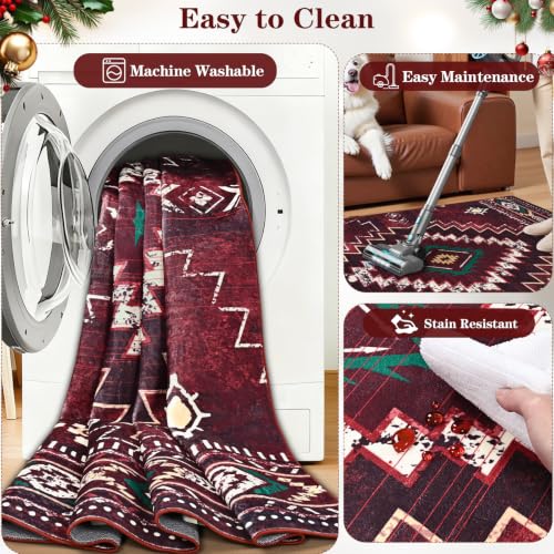 Yinhua Red 8x10 Western Area Rug for Living Room & Bedroom, Washable Christmas Decor