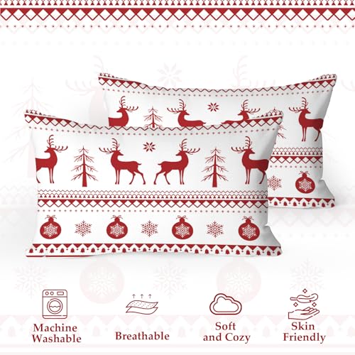 Christmas Reindeer Pillowcases Set of 2 - Red Holiday 20 x 28 Inch Decorative Pillow Covers - Variation: Red Deer / 28" x 20"