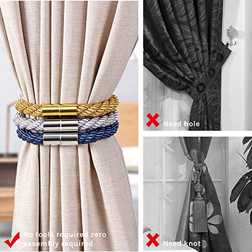 Magnetic Curtain Tiebacks - 2 Pack Decorative Woven Rope Holdbacks, Beige
