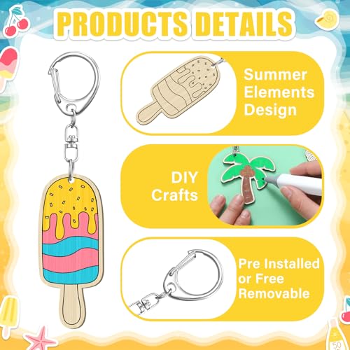 24 Pcs DIY Wooden Keychain Craft Kit - Summer Themed Party Favors