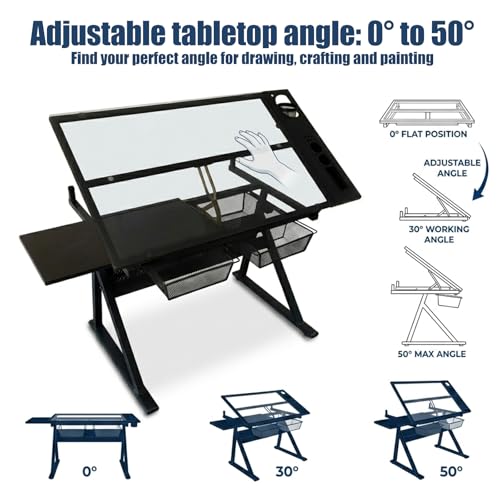 Adjustable Drafting Table with Stool, Tiltable Glass Top Art Workstation