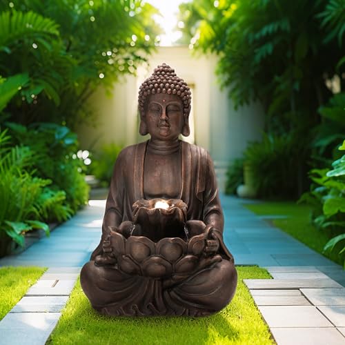 Zen Buddha Water Fountain with LED Lights - 23-Inch Indoor Outdoor Decor