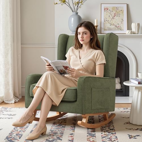 Modern Wingback Nursery Rocking Chair with High Backrest and Side Pocket