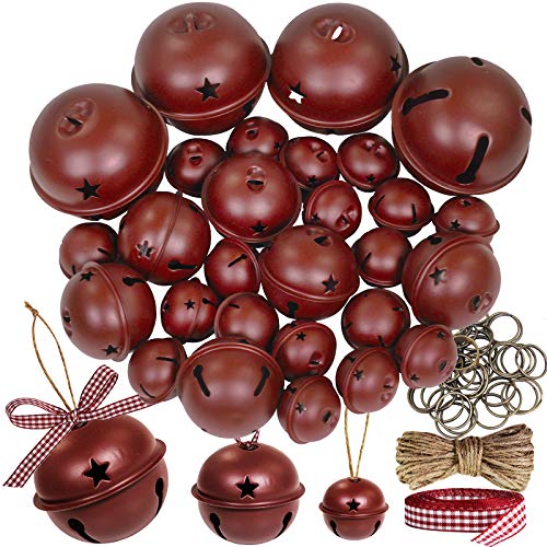 30 Pcs Christmas Rustic Burgundy Metal Jingle Bells with Star Cutouts for Holiday Decorations