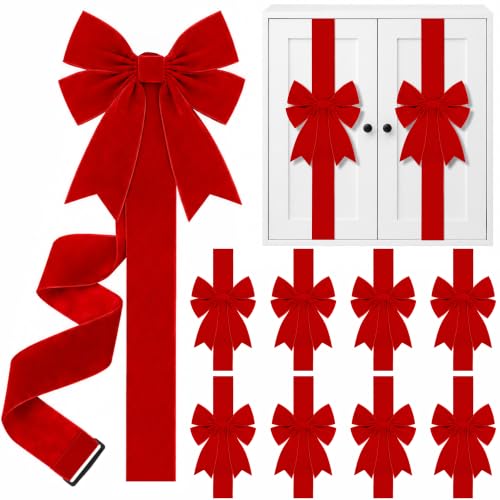 9 Pcs Christmas Red Velvet Cabinet Bows with Adjustable Ribbons - Holiday Kitchen Decor