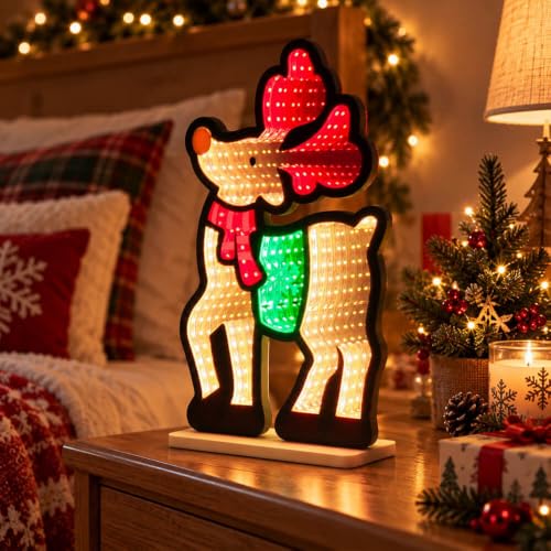 MEETYAMOR Reindeer Christmas Infinity Mirror Light - 3D LED Night Lamp, USB Powered Indoor Decor