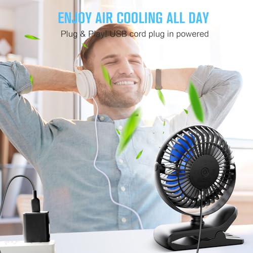 USB Clip on Fan Portable Small Desk Fan with 3 Speeds and Sturdy Clamp