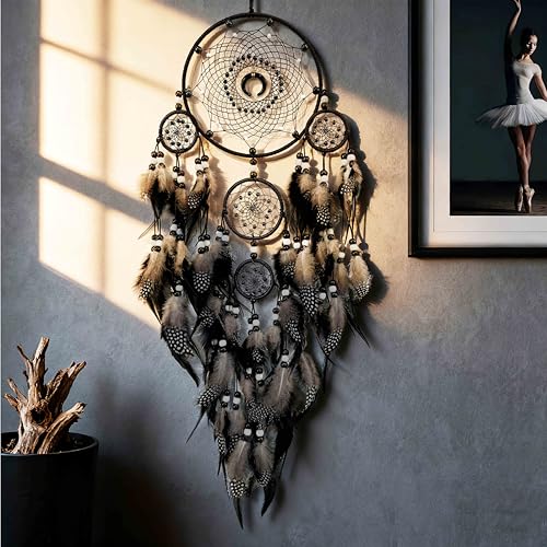 Large Black Dream Catcher Wall Decor with Tree of Life and Natural Feathers