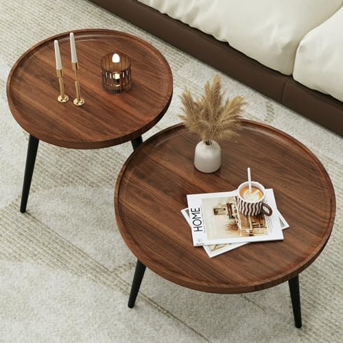2-Piece Mid-Century Modern Nesting Coffee Table Set, Round Walnut Finish