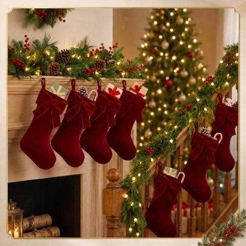 12-Pack Burgundy Velvet Christmas Stockings - Mini 9'' Burgandy Xmas Stocking Ornaments