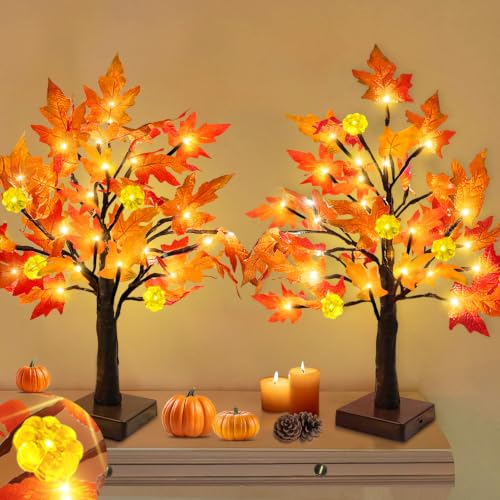 Prelit Fall Maple Tree Decor - 18 Inch, 2 Pack with Timer & LEDs