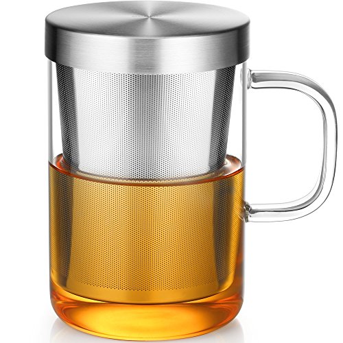 ecooe Silver 16.9oz Glass Tea Cup with Infuser & Lid, 430ml Capacity