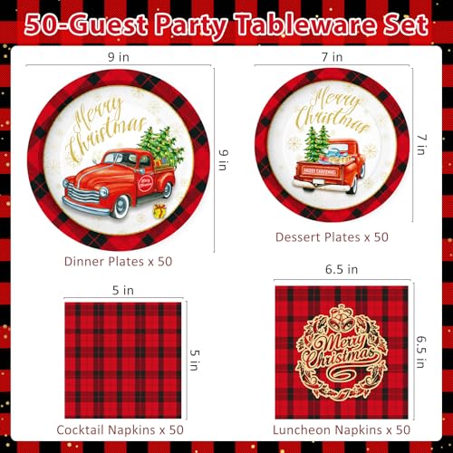Christmas Paper Plates and Napkins Set - Buffalo Plaid Holiday Dinnerware, 200 Pieces