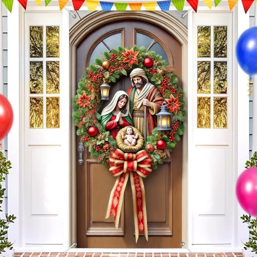 Christmas Nativity Door Cover - Holy Family Scene 35x71 Inch Polyester