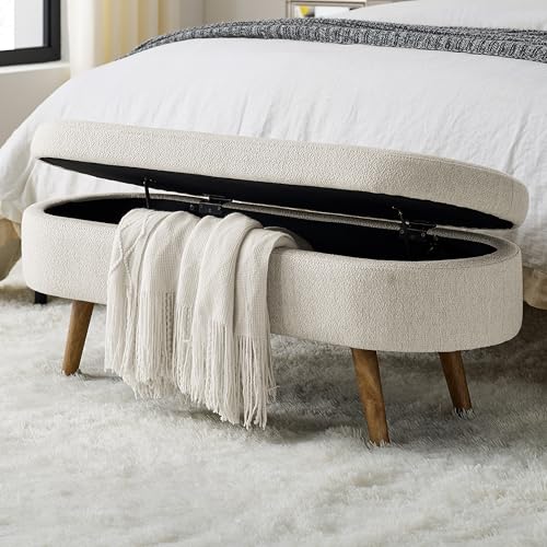 Align Living Beige Storage Ottoman Bench 43.5" with Safety Hinge - Modern Upholstered Footstool for Bedroom & Living Room