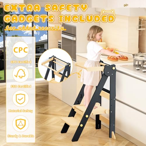 Foldable Toddler Learning Tower with Blackboard and Adjustable Height