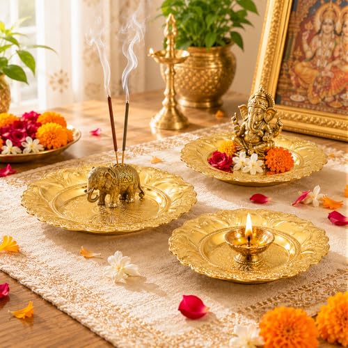 12 Pack 3.9 Inch Gold Metal Pooja Thali Plates Embossed Decorative Trays