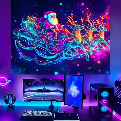 Black Light Tapestry – Merry Christmas UV Reactive Wall Hanging, Santa & Elk, 79x59 Unframed