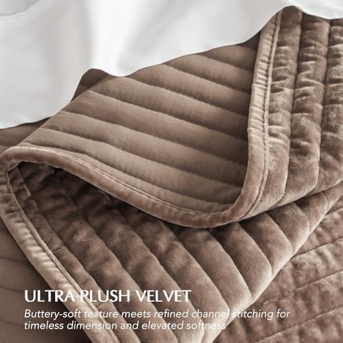 EverGrace Velvet Quilt Set King Size, Mocha Brown Channel Bedding