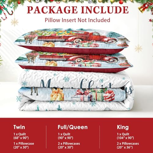 King Christmas Quilt Set with Xmas Truck - 3-Piece Red Vintage Bedding, WeCozy