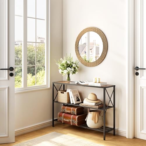 3-Tier Industrial Console Table with Shelves, Rustic Narrow Entryway Table