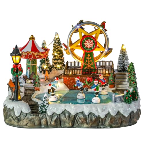 VCUTEKA Winter Carnival Christmas Village Scene with Moving Ferris Wheel & Skating Rink
