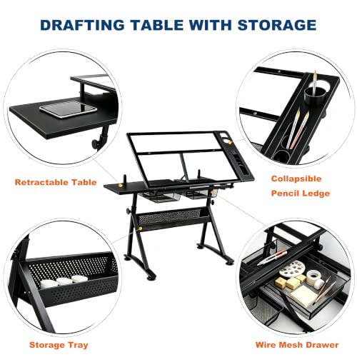 Adjustable Drafting Table with Stool and Drawers, Tilting Art Desk